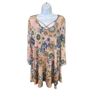 Unbranded Womens Tunic Top Medium Floral Crisscross Neck 3/4 Sleeves Boho